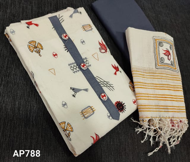 CODE AP788: Embroidered Cream Khadi Cotton unstitched salwar material with(requires lining) simple yoke and buttons,grey cotton bottom,soft handloom cotton dupatta with patch work embroidery and block prints with tassels
