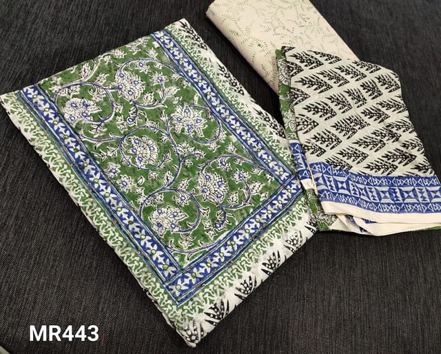CODE MR443: Half White and Green Brasso Block printed unstitched salwar material(requires lining )with faux mirror, sequence work on yoke, block printed khadhi cotton bottom, Block printed chiffon dupatta.