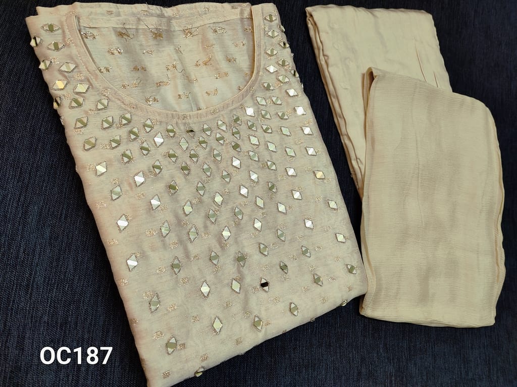 CODE OC187 : Designer Beige Silk cotton unstitched Salwar material(thin fabric requires lining) with Real heavy mirror work on yoke, golden thread weaving butta on both sides, Santoon bottom, Original Pure Chiffon dupatta with taping
