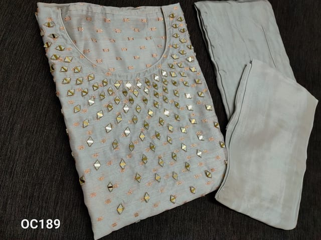 CODE OC189 : Designer Pastel Blueish Grey Silk cotton unstitched Salwar material(thin fabric requires lining) with Real heavy mirror work on yoke, golden thread weaving butta on both sides, Santoon bottom, Original Pure Chiffon dupatta with taping