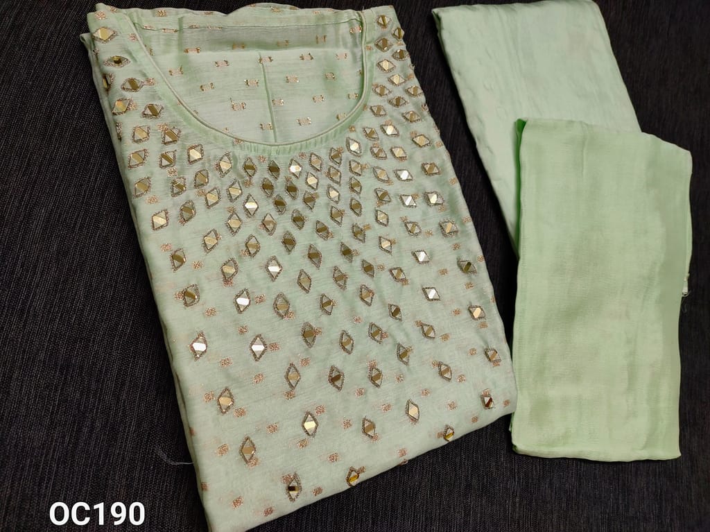 CODE OC190: Designer Pista Green Silk cotton unstitched Salwar material(thin fabric requires lining) with Real heavy mirror work on yoke, golden thread weaving butta on both sides, Santoon bottom, Original Pure Chiffon dupatta with taping