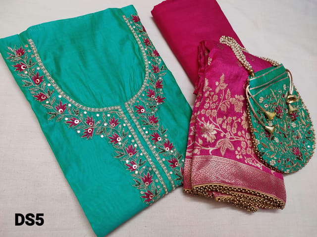 CODE DS5 :  Premium Designer Party Wear Bright Turquoise Green Chanderi silk Cotton unstitched Salwar material(thin Fabric requires lining) with Heavy Pearl bead, sequins, Thread work, Zardosi work, on yoke, Pearl bead work on front side, Details for sleeves is given, Daman bead and gota lace taping, Dark Pink Santoon bottom, Bright Pink Silk Dupatta with Heavy zari work and bead taping, Designer Pouch with Heavy thread, bead and sequins work, with pearl bead handle