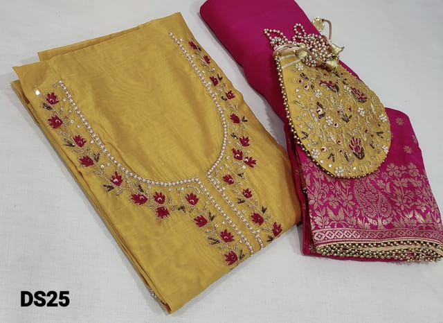 CODE DS12 : Premium Designer Party Wear Sandal Yellow Chanderi silk Cotton unstitched Salwar material(thin Fabric requires lining) with Heavy Pearl bead, sequins, Thread work, Zardosi work, on yoke, Pearl bead work on front side, Details for sleeves is given, Daman bead and gota lace taping, Pink Santoon bottom, Pink Silk Dupatta with Heavy zari work and bead taping, Designer Pouch with Heavy thread, bead and sequins work, with pearl bead handle