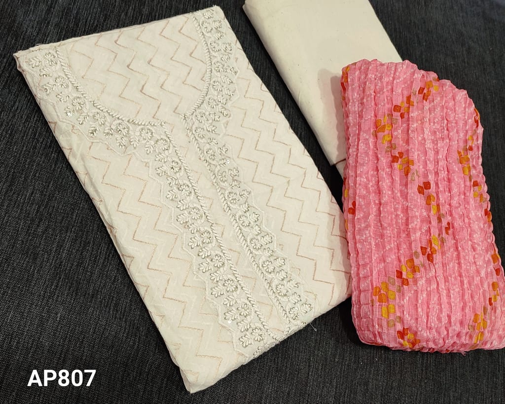 CODE AP807: Premium HAlf White Jakard Cotton unstitched Salwar material(thin fabric requires lining) with thread and sequence work on yoke, kadhi cotton bottom, bandhini  printed pink crinkled chiffon dupatta.