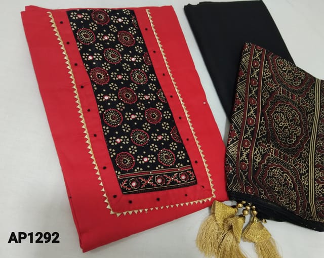 CODE AP1292: Red Satin Cotton unstitched Salwar material( lining required) with french knot, thread, bead and patch work on yoke, faux mirror work on front side, black cotton bottom, Digital printed soft  Satin silk cotton dupatta with tassels