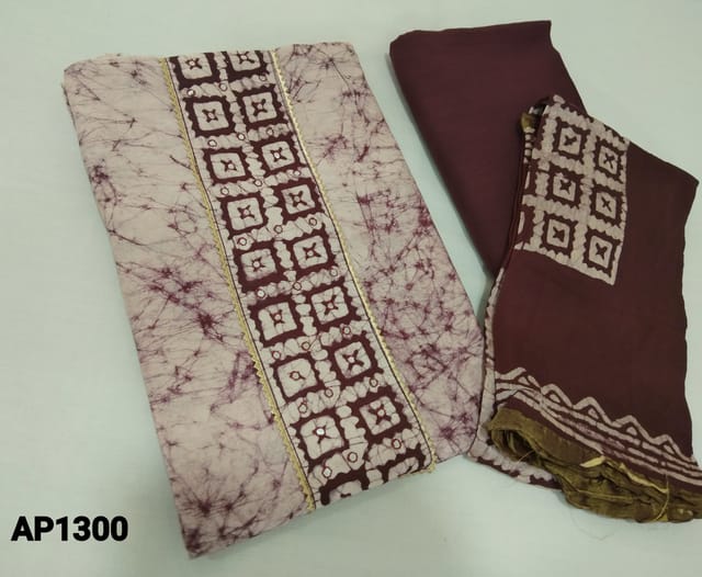 CODE AP1300 : Pastel Pink soft Silk Cotton unstitched Salwar material with pure wax batik dyed (requires lining) with faux mirror and gota lace work on yoke,  dark maroon cotton bottom, batik dyed soft silk cotton dupatta with zari lines.