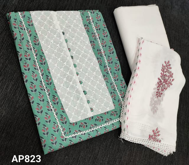 CODE AP823 : Printed Green soft Cotton unstitched Salwar material(requires lining) with embroidery and potli buttons on yoke, white cotton bottom, Block printed chffon dupatta with lace tapings.