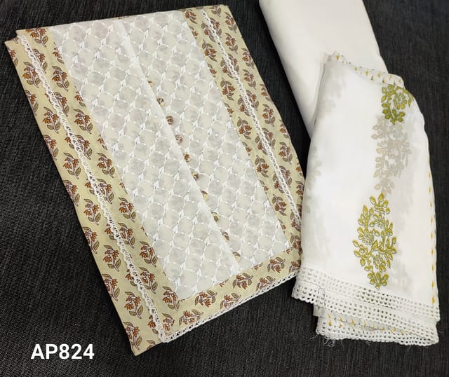CODE AP824 : Printed Creamish Yellow soft Cotton unstitched Salwar material(requires lining) with embroidery and potli buttons on yoke, white cotton bottom, Block printed chffon dupatta with lace tapings.