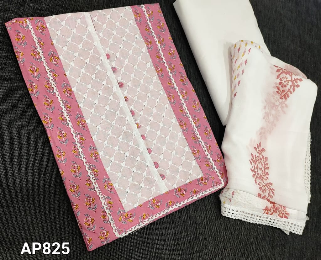 CODE AP825 : Printed Pink soft Cotton unstitched Salwar material(requires lining) with embroidery and potli buttons on yoke, white cotton bottom, Block printed chffon dupatta with lace tapings.