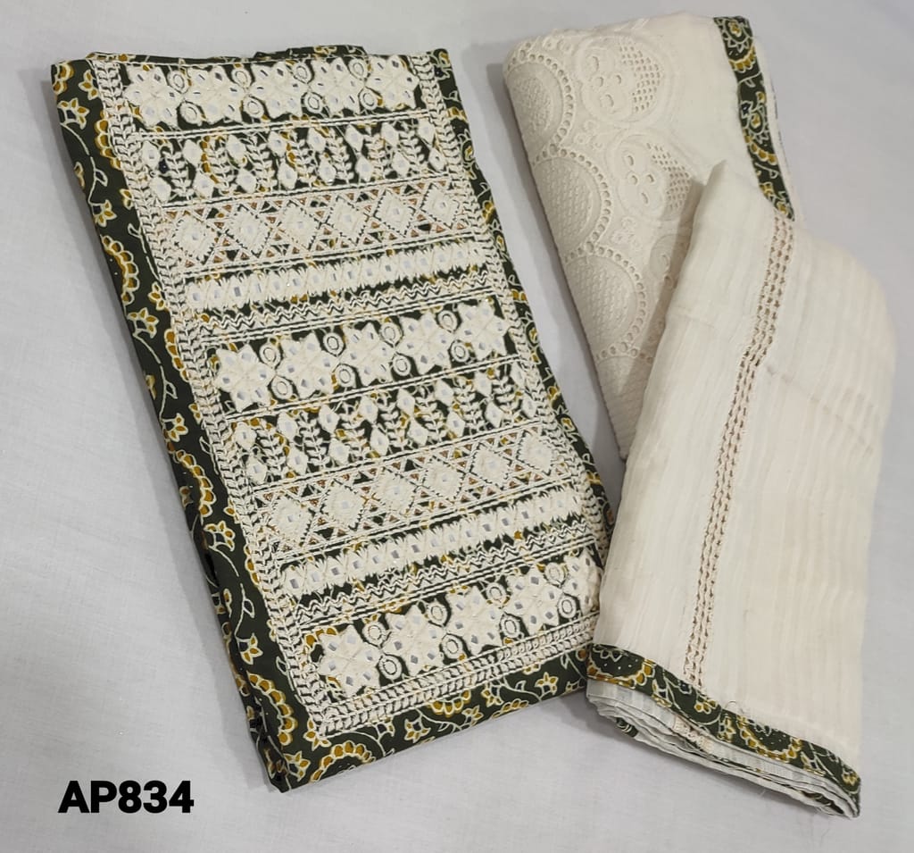 CODE AP834 : Printed Olive Green  Soft Cotton unstitched Salwar material(requires optinal) with heavy thread and foil mirror work on yoke, lace work at daman, khadhi cotton bottom with cutwork, crocket detailing work on  cotton dupatta with tapings