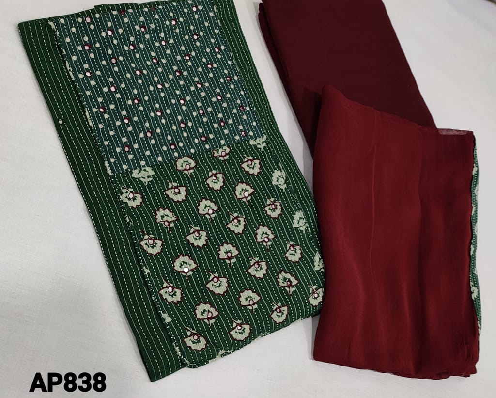 CODE AP838 : Green soft Cotton unstitched Salwar material(requires lining) with kantha stitch allover, thread and foil work on frontside, maroon soft thin cotton bottom,  plain maroon chiffon dupatta with tapings.