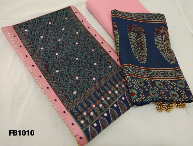 CODE  FB1010 :Pink Satin Cotton unstitched Salwar material(Requires lining) with french knot, Faux mirror work on yoke , pink cotton bottom, Digital Printed Fancy Silk Cotton dupatta with tassels