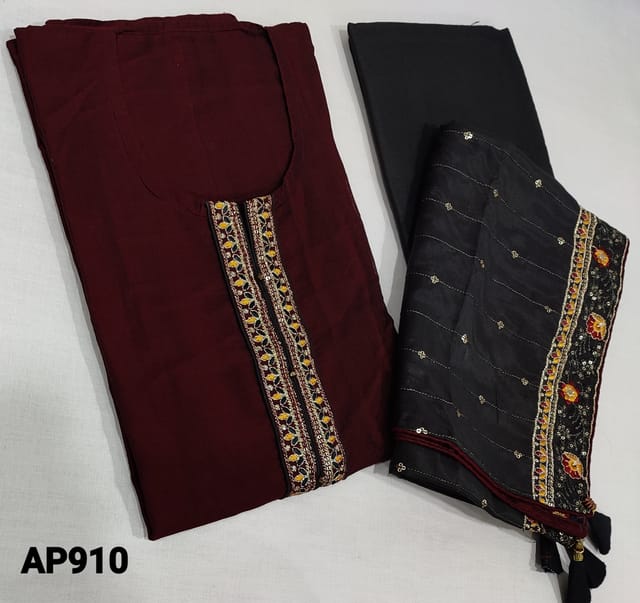CODE AP910 : Designer dark maroon Fancy Silk Cotton unstitched Salwar material(requires lining) with sequence, thread and zari embroidery work on yoke,  black silk cotton bottom, Thread and sequence work on fancy silk cotton dupatta with embroidery borders and tassels.