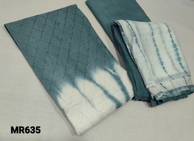 CODE MR635 : Halfwhite and Blueish Grey Shibori dyed Soft Silk Cotton unstitched Salwar material(lining required) with thread and sequence work on front side, santoon bottom,  shibori dyed dual shade fancy silk cotton dupatta with thread and sequence work.