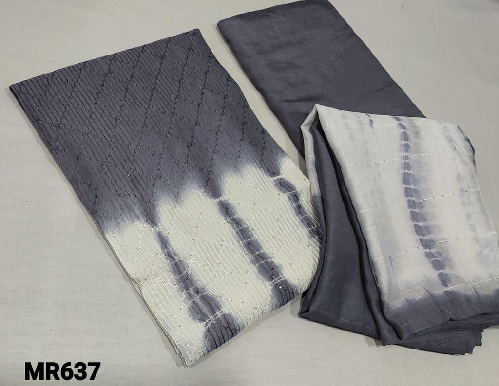 CODE MR637 : Halfwhite and Light Purple  Shibori dyed Soft Silk Cotton unstitched Salwar material(lining required) with thread and sequence work on front side, santoon bottom,  shibori dyed dual shade fancy silk cotton dupatta with thread and sequence work.
