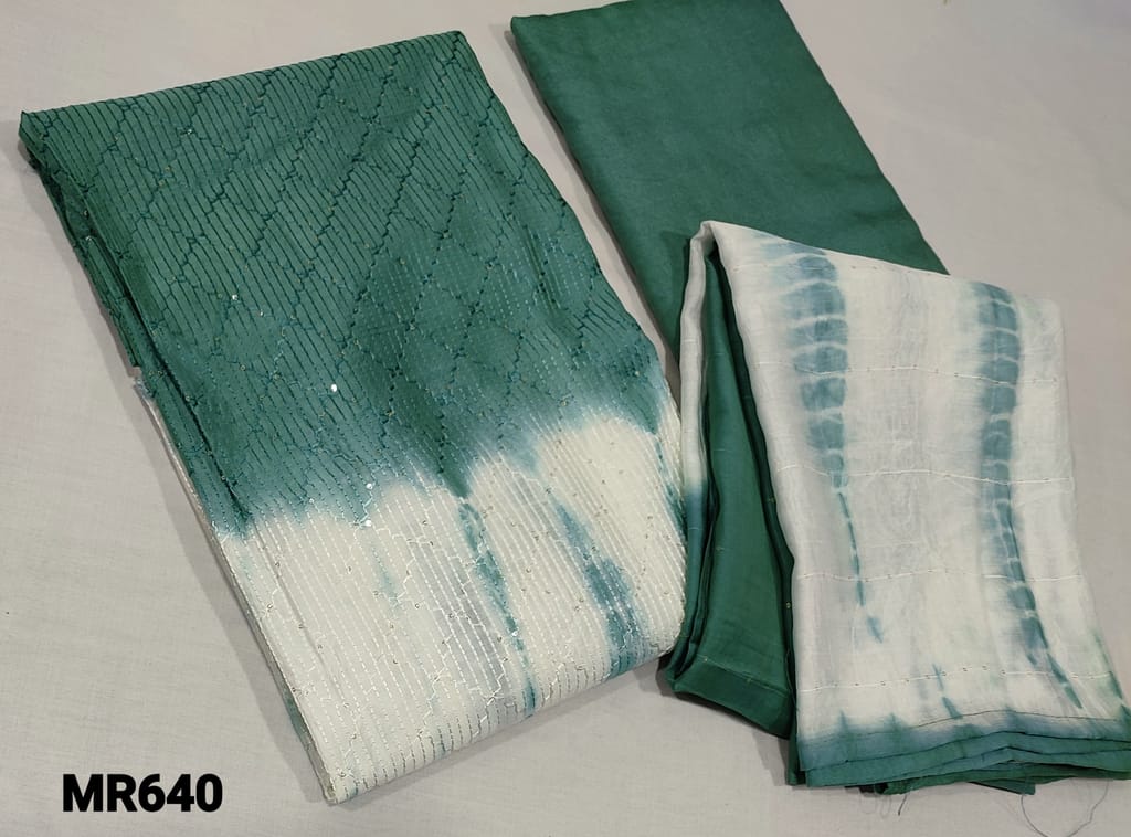 CODE MR640 : Halfwhite and cement Green Shibori dyed Soft Silk Cotton unstitched Salwar material(lining required) with thread and sequence work on front side, santoon bottom,  shibori dyed dual shade fancy silk cotton dupatta with thread and sequence work.