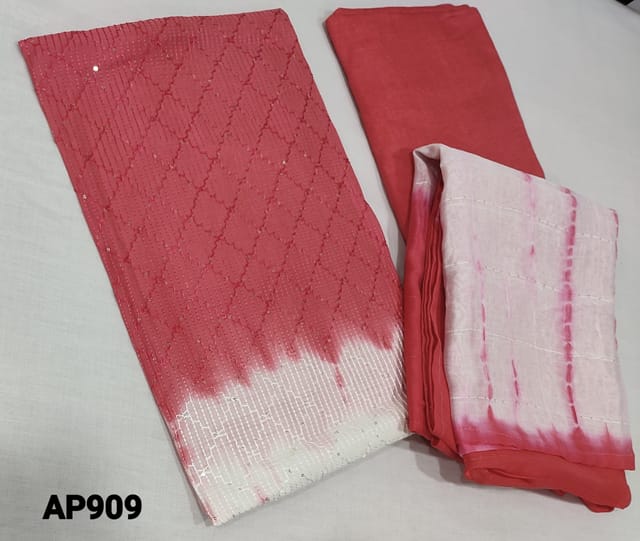 CODE AP909 : Halfwhite and dark Peach  Shibori dyed Soft Silk Cotton unstitched Salwar material(lining required) with thread and sequence work on front side, santoon bottom,  shibori dyed dual shade fancy silk cotton dupatta with thread and sequence work.