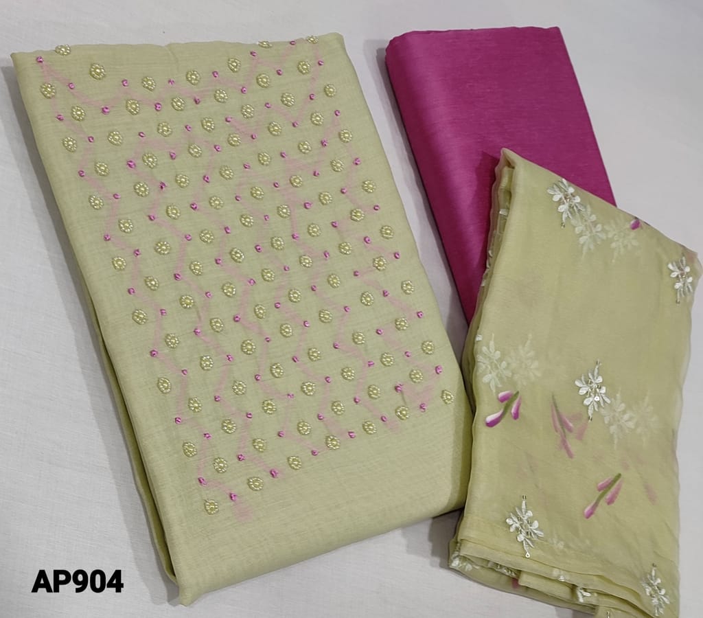 CODE AP904 : Designer Pastel Pale Yellow Silk Cotton unstitched Salwar material(lining required) with french knot, sugar beadm pearl bead work on yoke, dark pink silk cotton botom,  brush paint, embroidery and sequence work on organza dupatta with tapings.