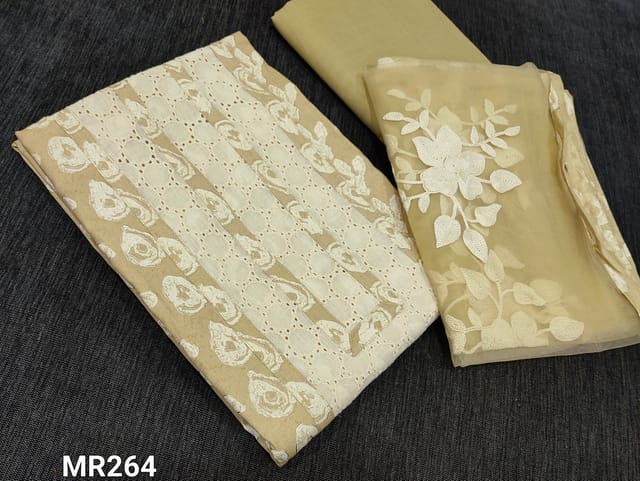 CODE MR364 :Printed Beige Liquid Fabric unstitched Salwar material(flowy fabric, requires optimal) with cutwork patch on yoke, matching cotton bottom, embroidery work on netted dupatta with tapings