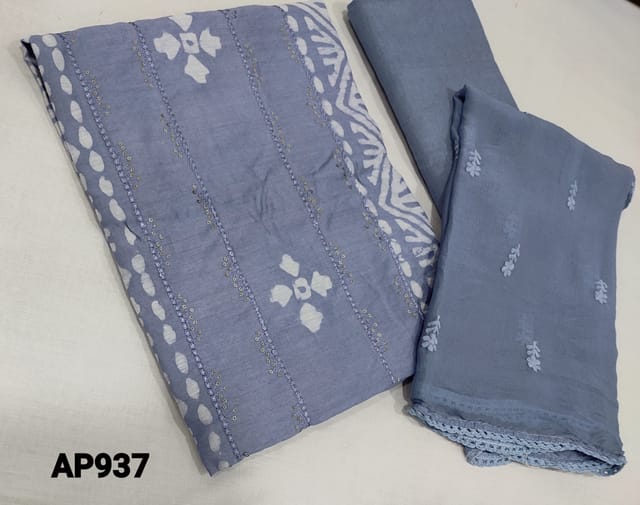 CODE AP937: Greyish Blue Batik dyed premium soft Silk Cotton unstitched Salwar material(lining required) with thread and sequence work on front side, matching soft cotton fabric provided, which can be used as lining or bottom, embroidery work on chiffon dupatta with lace tapings,