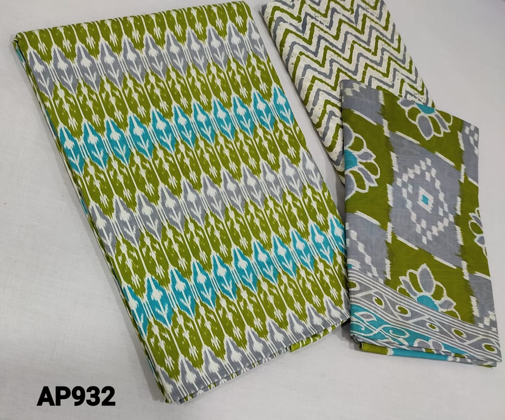 CODE AP932: Ikkat Printed Mossy Green and Blue soft Cotton unstitched Salwar material(lining Optional) , printed cotton bottom, Printed mul cotton dupatta(requires taping)