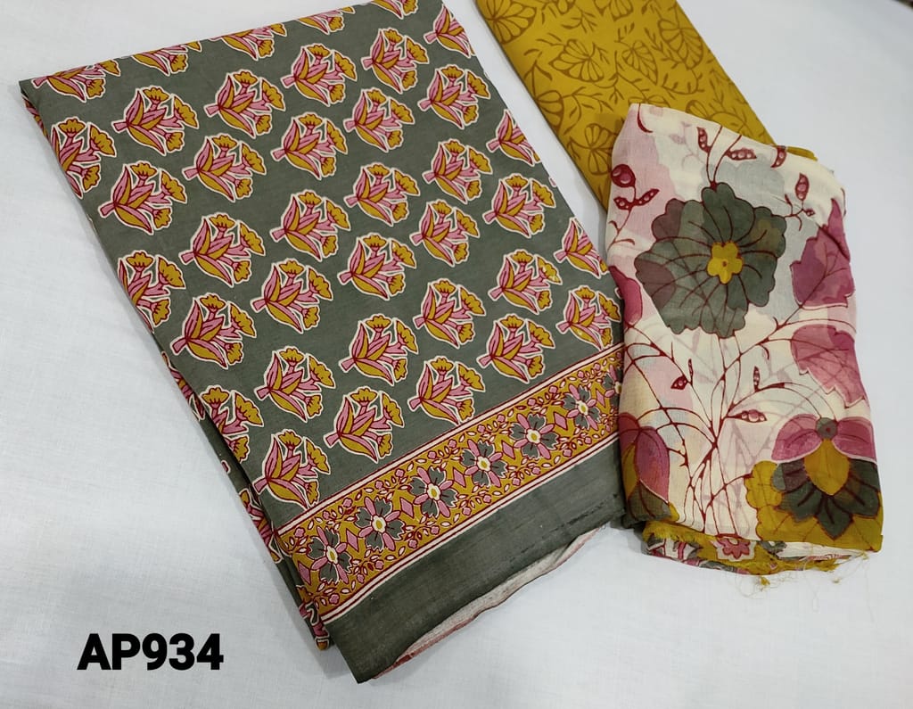 CODE AP934:  Floral Printed Grey Soft Cotton unstitched Salwar material(lining Optional), printed light fenugreek yellow cotton bottom, floral printed premium chiffon dupatta