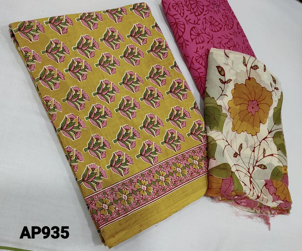CODE AP935:  Floral Printed Fenugreek Yellow Soft Cotton unstitched Salwar material(lining Optional), printed pink cotton bottom, floral printed premium chiffon dupatta