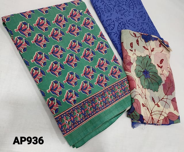 CODE AP936:  Floral Printed Turquoise Green Soft Cotton unstitched Salwar material(lining Optional), printed blue cotton bottom, floral printed premium chiffon dupatta