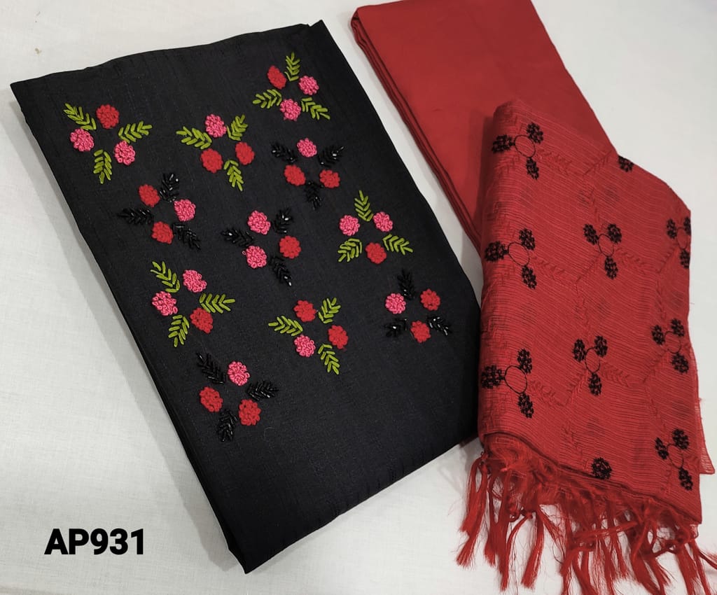 CODE AP931: Designer Black Jakard Silk Cotton unstitched Salwar material(lining required) with French knot and cut bead work on yoke, reddish maroon silk cotton bottom, embroidery work on kota silk cotton dupatta with tassels.