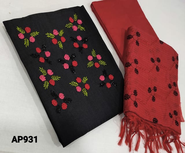 CODE AP931: Designer Black Jakard Silk Cotton unstitched Salwar material(lining required) with French knot and cut bead work on yoke, reddish maroon silk cotton bottom, embroidery work on kota silk cotton dupatta with tassels.
