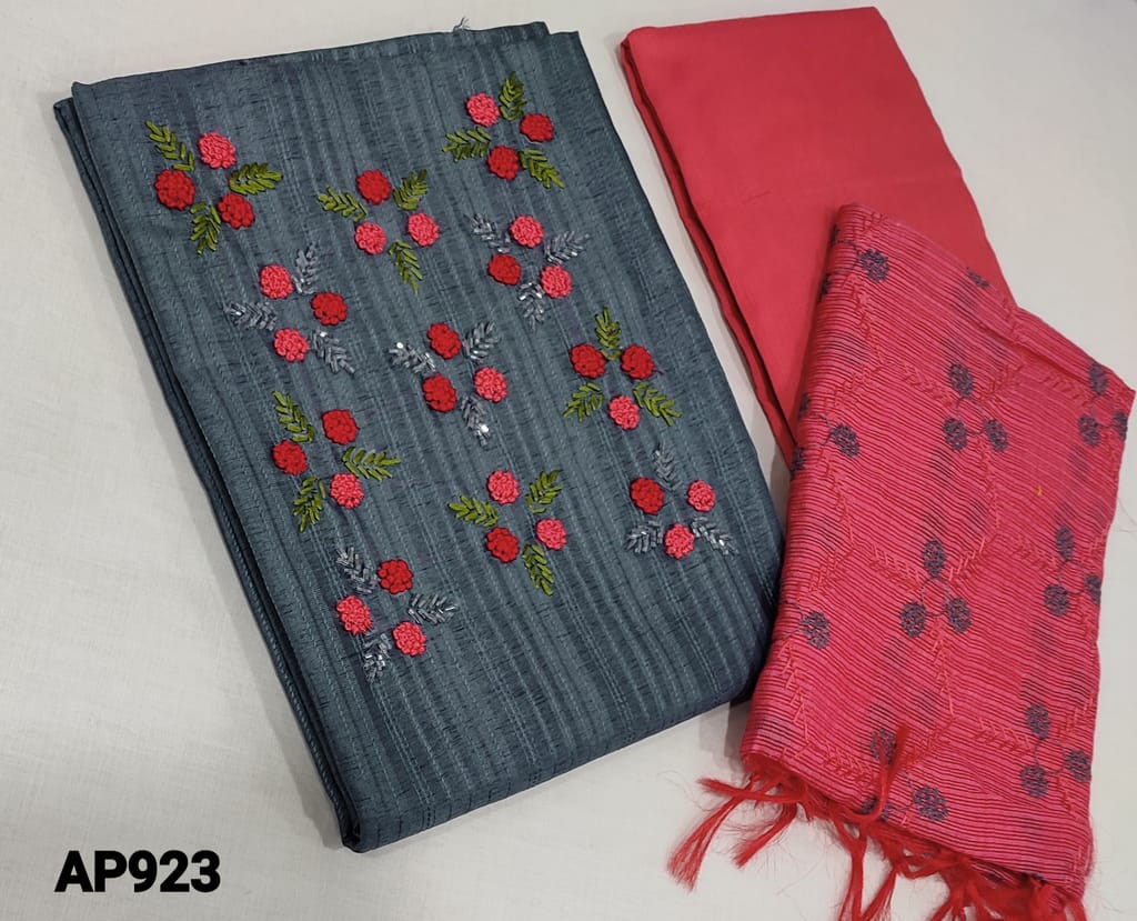CODE AP923: Designer Grey Jakard Silk Cotton unstitched Salwar material(lining required) with French knot and cut bead work on yoke, pink silk cotton bottom, embroidery work on kota silk cotton dupatta with tassels.
