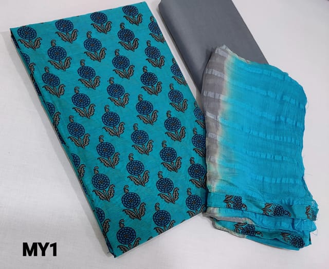 CODE MY1: Printed Blue Silk Cotton unstitched salwar material( requires lining) ,Grey cotton bottom, Dual Shaded Shibori printed chiffon dupatta(requires taping)