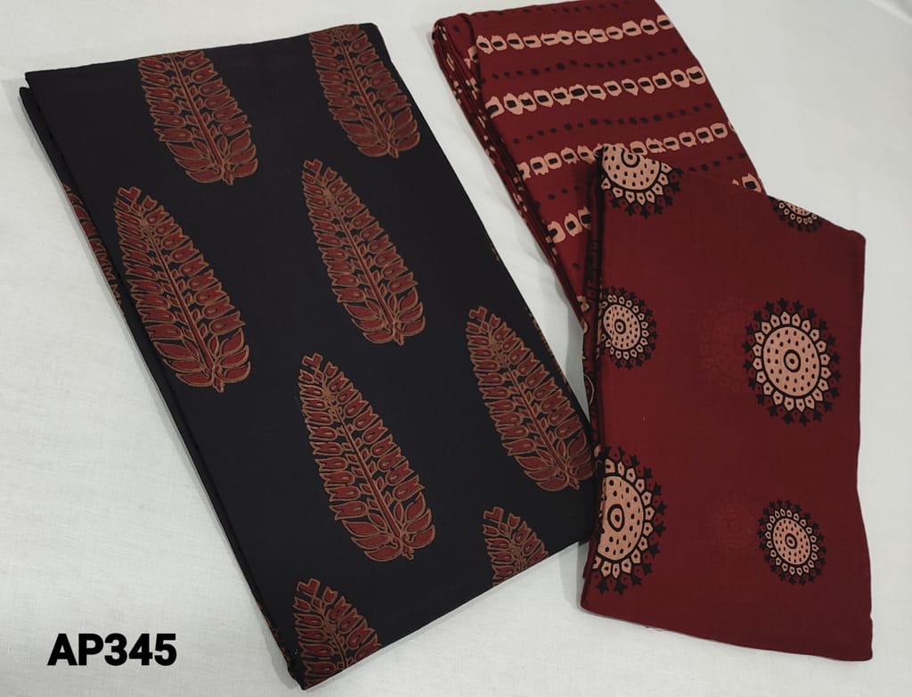 CODE AP345: Black Ajrak Block Printed pure soft Cotton UnStitched salwar material(lining optional) , ajrak block printed maroon cotton bottom, ajrak block printed mul cotton dupatta(requires taping)