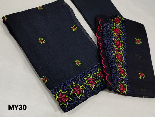 CODE MY30 : Designer Dark Navy Blue Accord Fabric Unstitched salwar material(coarse and stiff fabric, requires lining) Heavy cut work and thread work on daman thread work all over front side, santoon bottom, Accord dupatta with heavy thread work and cut work taping