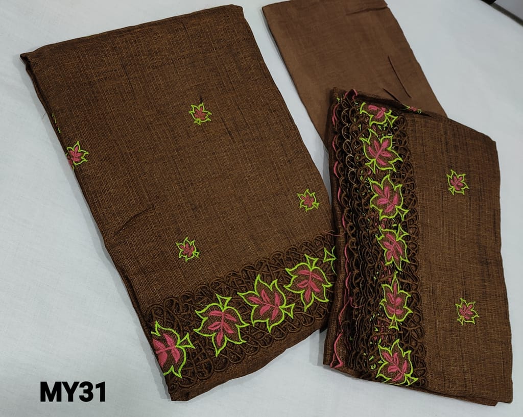 CODE MY31 : Designer Brown Accord Fabric Unstitched salwar material(coarse and stiff fabric, requires lining) Heavy cut work and thread work on daman thread work all over front side, santoon bottom, Accord dupatta with heavy thread work and cut work taping