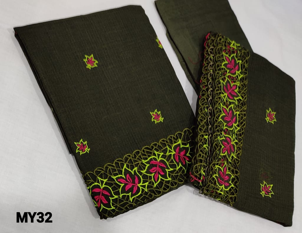 CODE MY32 : Designer Olive Green Accord Fabric Unstitched salwar material(coarse and stiff fabric, requires lining) Heavy cut work and thread work on daman thread work all over front side, santoon bottom, Accord dupatta with heavy thread work and cut work taping