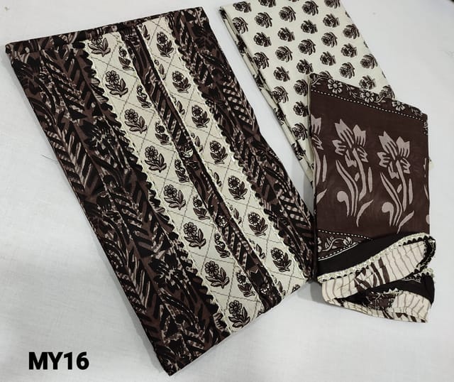 CODE MY16: Printed Brown soft Cotton UnStitched salwar material(lining required) with patch work, gota lace work on yoke, printed cotton bottom, printed mul cotton dupatta with gota lace tapings.