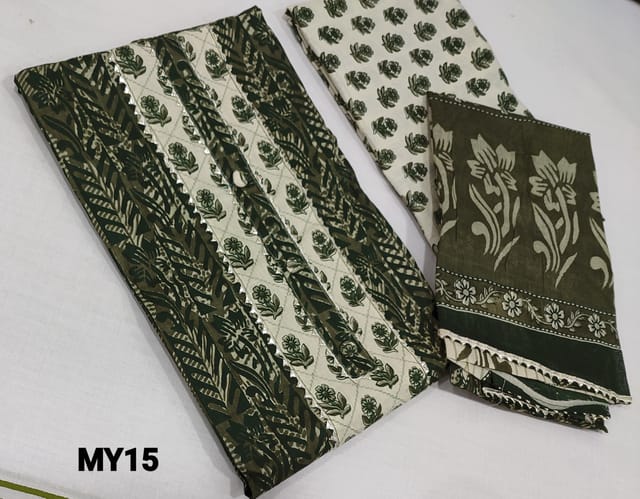 CODE MY15: Printed Dark Green soft Cotton UnStitched salwar material(lining required) with patch work, gota lace work on yoke, printed cotton bottom, printed mul cotton dupatta with gota lace tapings.
