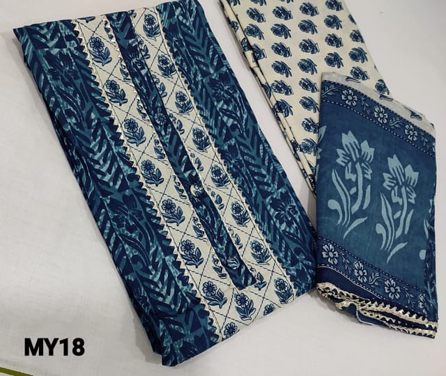 CODE MY18: Printed Dark Blue soft Cotton UnStitched salwar material(lining required) with patch work, gota lace work on yoke, printed cotton bottom, printed mul cotton dupatta with gota lace tapings.