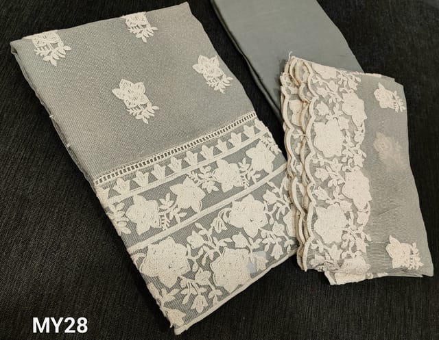 CODE MY28 : Grey Noil fabric unstitched Salwar material( Netted fabric, Requires lining) with embroidery work on frontside and daman, thin cotton fabric provided which can be used as lining or bottom, embroidery work on noil (netted fabric) dupatta with lace tapings.
