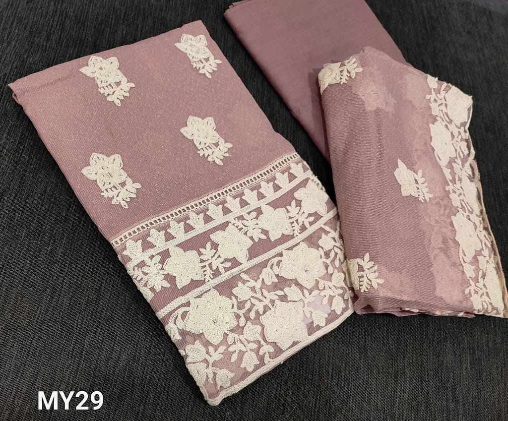 CODE MY29 : Puplish Pink Noil fabric unstitched Salwar material( Netted fabric, Requires lining) with embroidery work on frontside and daman, thin cotton fabric provided which can be used as lining or bottom, embroidery work on noil (netted fabric) dupatta with lace tapings.