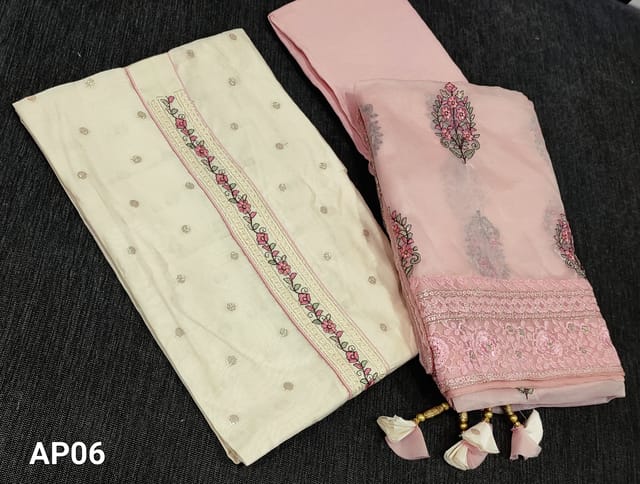 CODE AP06 : Designer Half White Premium Chanderi Silk Unstitched Salwar material(lining requied) with colurful embroidery work on yoke, zari woven buttas allover, baby pink santoon bottom, rich Embroidery work on organza dupatta with borders and tassels