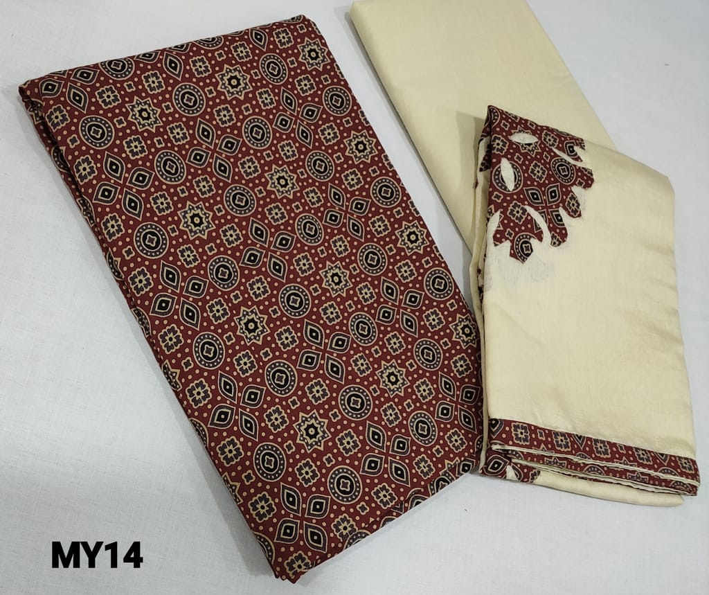 CODE MY14: Ajrak Printed Maroon Cotton Unstitched salwar material(lining required), cream cotton bottom, applique work on soft silk cotton dupatta with tapings.