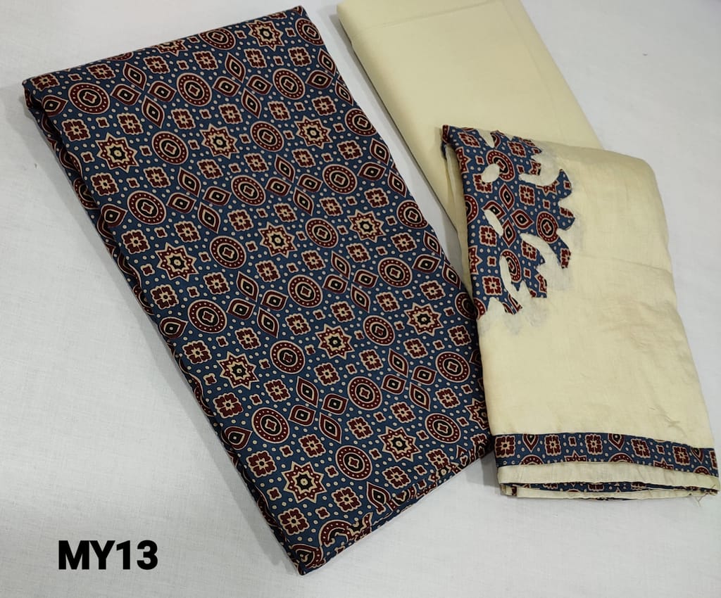CODE MY13: Ajrak Printed Blue Cotton Unstitched salwar material(lining required), cream cotton bottom, applique work on soft silk cotton dupatta with tapings.