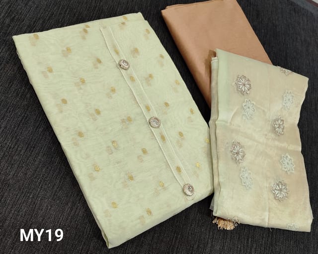 CODE MY19: Premium Pastel Green fancy Silk Cotton Unstitched salwar material(lining required)with zari woven buttas allover, fancy buttons on yoke, beige silk cotton bottom, embroidery and sequence work on dual shaded organza dupatta