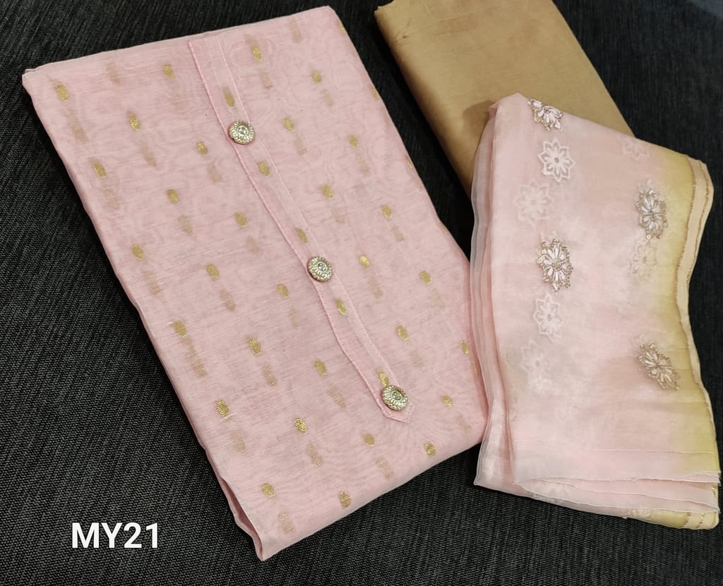 CODE MY21: Premium Pastel Pink fancy Silk Cotton Unstitched salwar material(lining required)with zari woven buttas allover, fancy buttons on yoke, beige silk cotton bottom, embroidery and sequence work on dual shaded organza dupatta