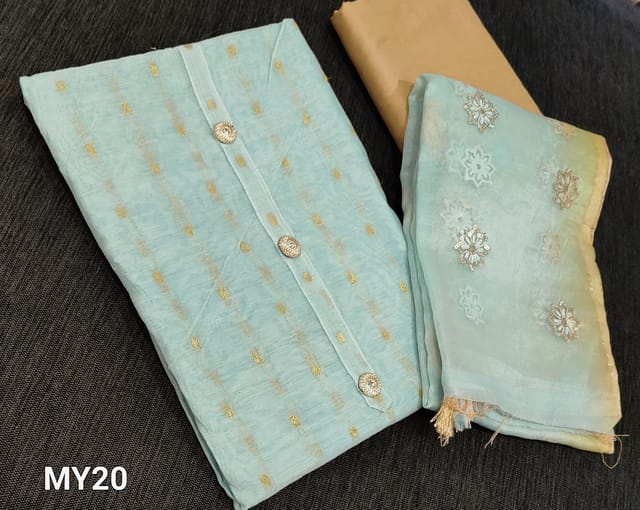 CODE MY20: Premium Pastel Blue fancy Silk Cotton Unstitched salwar material(lining required)with zari woven buttas allover, fancy buttons on yoke, beige silk cotton bottom, embroidery and sequence work on dual shaded organza dupatta