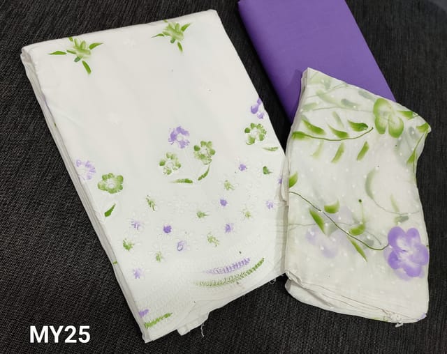 CODE MY25: Premium White soft Cotton Unstitched Salwar material(requires lining) with embroidery, cutwork and brush paint work on frontside, light purple cotton bottom, thread embossed and brush paint work on chiffon dupatta.