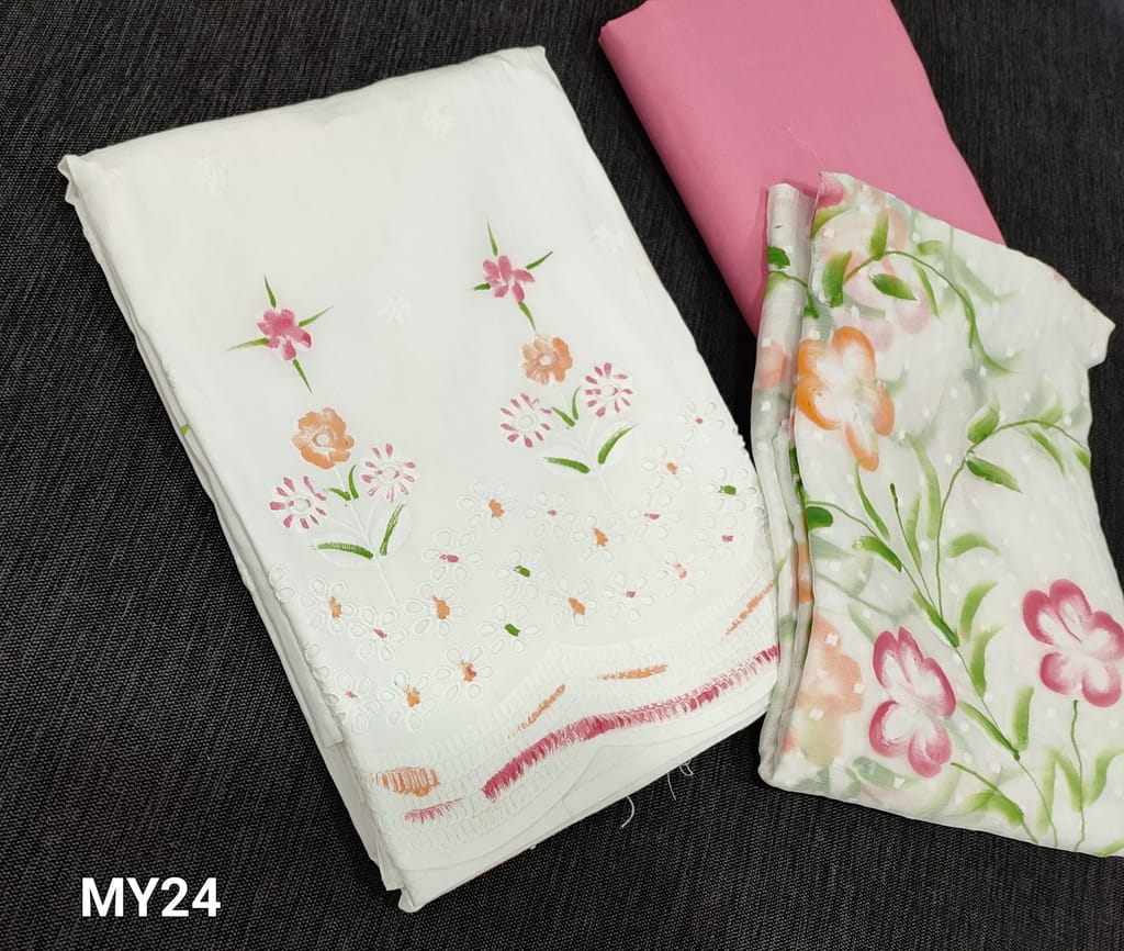 CODE MY24: Premium White soft Cotton Unstitched Salwar material(requires lining) with embroidery, cutwork and brush paint work on frontside, light pink cotton bottom, thread embossed and brush paint work on chiffon dupatta.