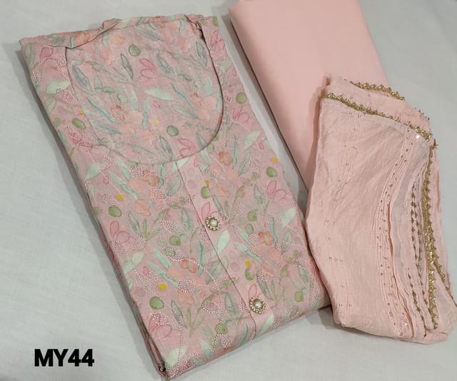 CODE MY44: Designer Printed Pastel Pink Satin Cotton unstitched Salwar material(lining optional) with embroidery and sequence work on frontside, neck stitch, fancy buttons on yoke, matching thin cotton bottom, fancy silk cotton dupatta with thread and sequence work allover and gota lace tapings.